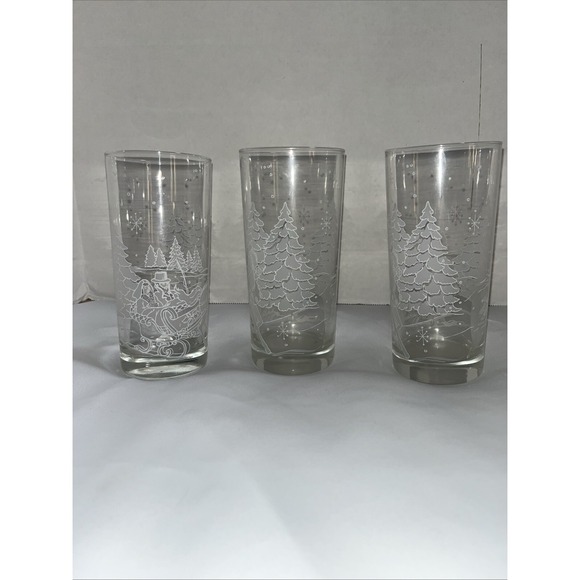Libbey Other - 3 Libbey Glass Highball Tumbler Winter Wonder Land Scene Snow Frosted Trees Pine